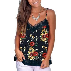 Black Lace Trimmed Floral Spaghetti Strap Cami Top